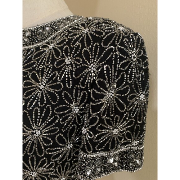 Papell Boutique Evening, Silk‎ Floral Beaded Black Blouse Size S Mint - Picture 6 of 10